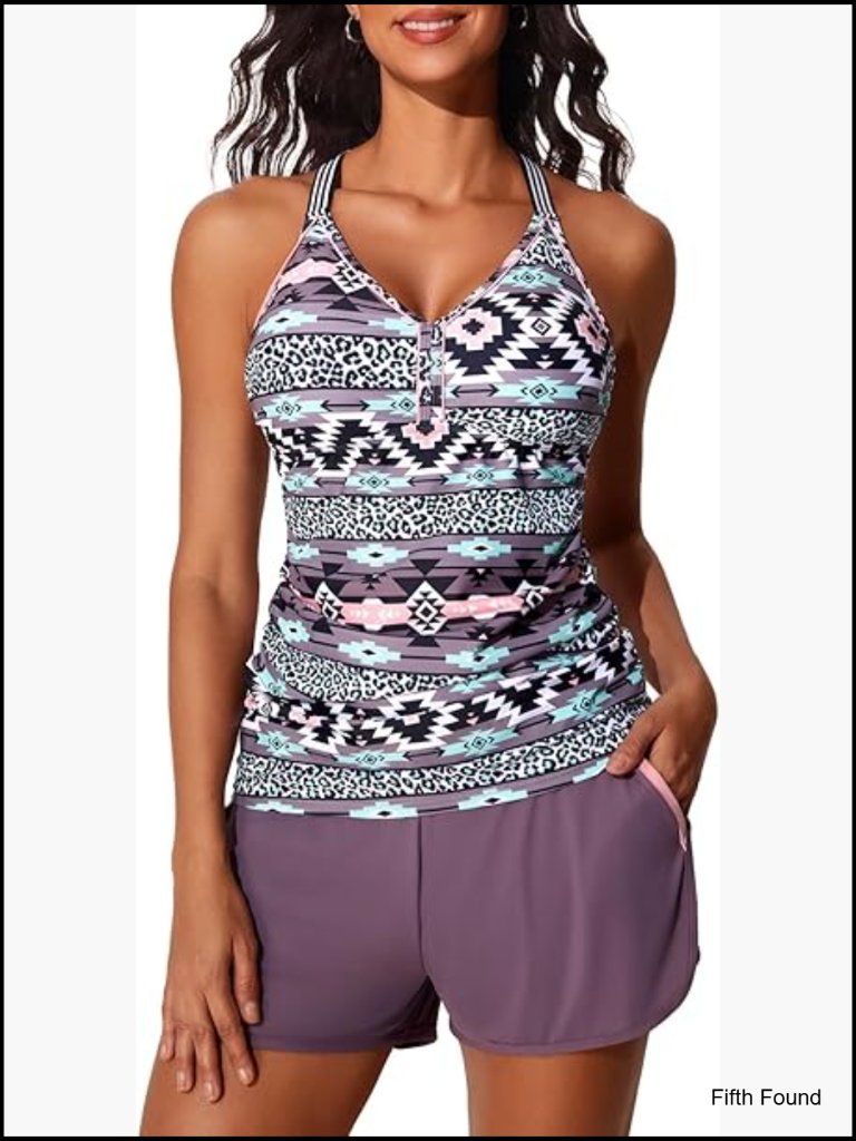 Tankini Swimsuit For Women Two Piece With Pockets Boy Shorts Tummy Control Upf